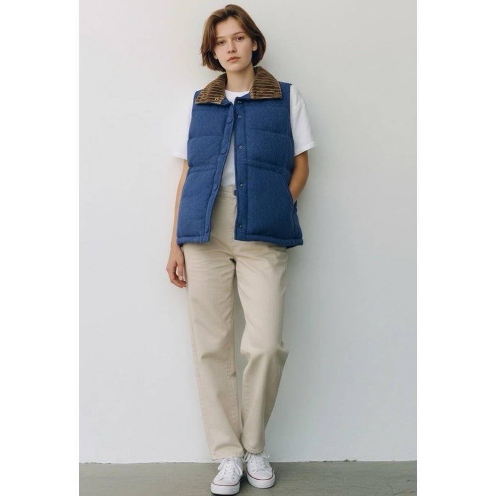 Kate Spade NY Quilted Puffer Vest Womans L Blue Wool Vest W/ Corduroy Collar